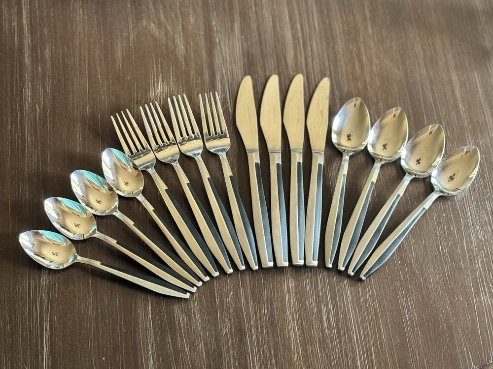 MCM 16 Pc Flatware Set Two Toned Silver With Black Inlay Stainless Steel Japan